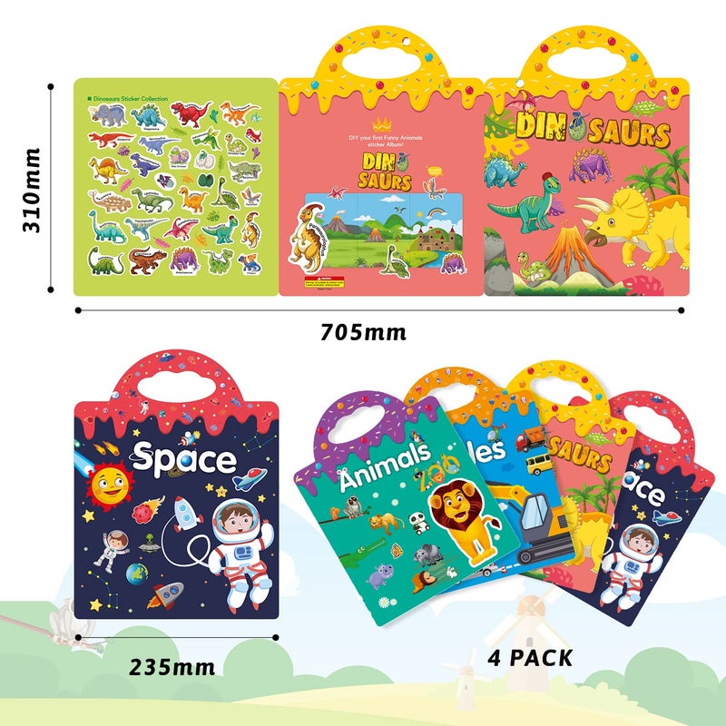 ROATEE Sticker Book Reusable - 4 Sets Sticker Pads - Removable Stickers Toy for Kids Fashion Activity  Creative Sticker Story Books for Toddlers Age 3+ Birthday Gifts (Animals  Dinosaurs  Space  Vehicles) - Image 4